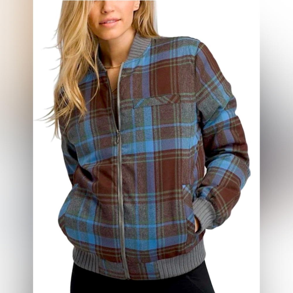 Prana Women's Plaid Goose Down Insulated Showdown Bomber Jacket Sz.S Outdoor